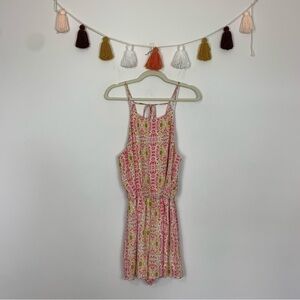 Everly Open Back Watercolor Pattern Romper Pink Green Size Large